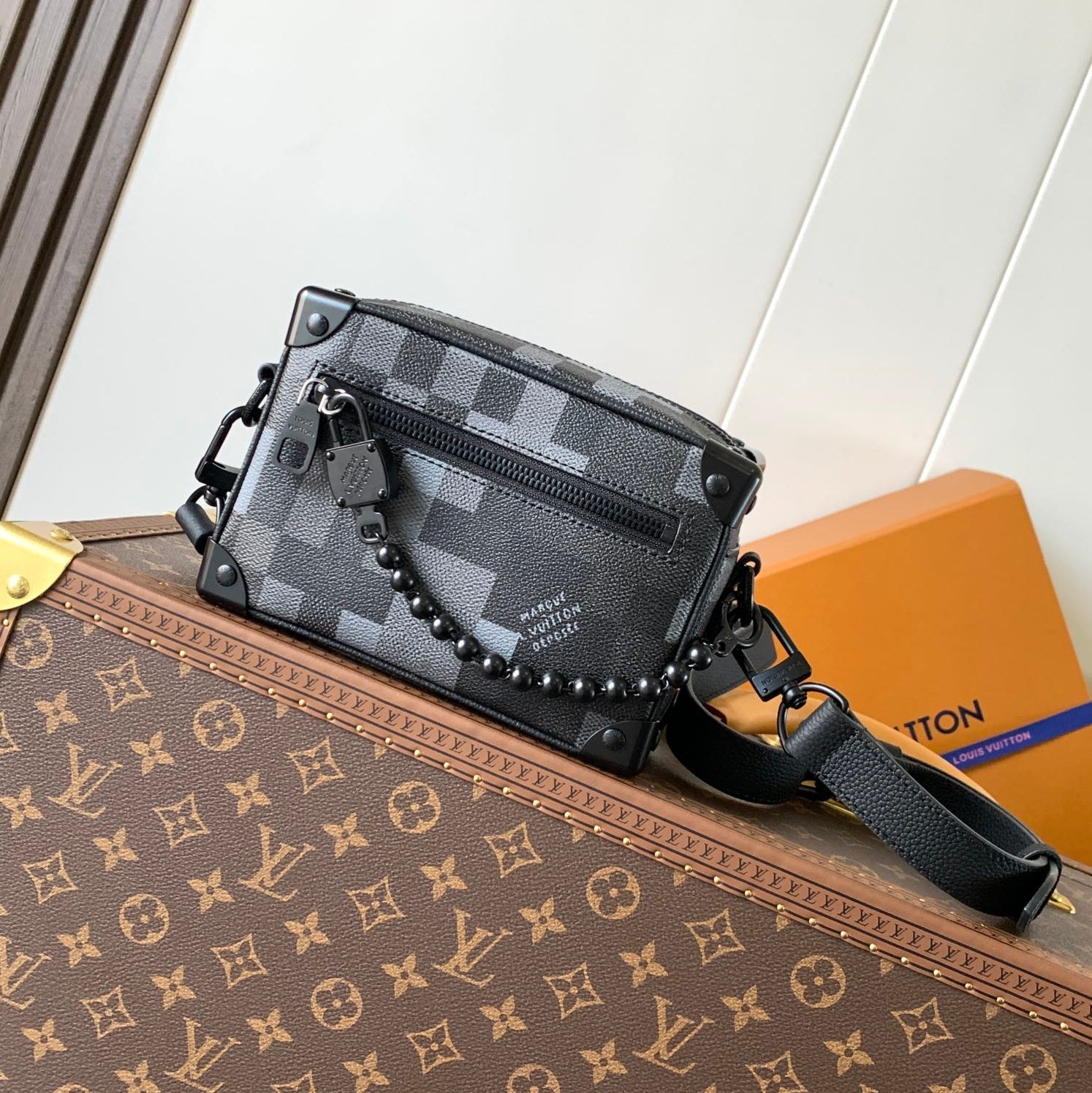LV 25S MINI SOFT TRUNK BOX BAG 18 IN DAMOFLAGE BLACK CANVAS AND CALFSKIN