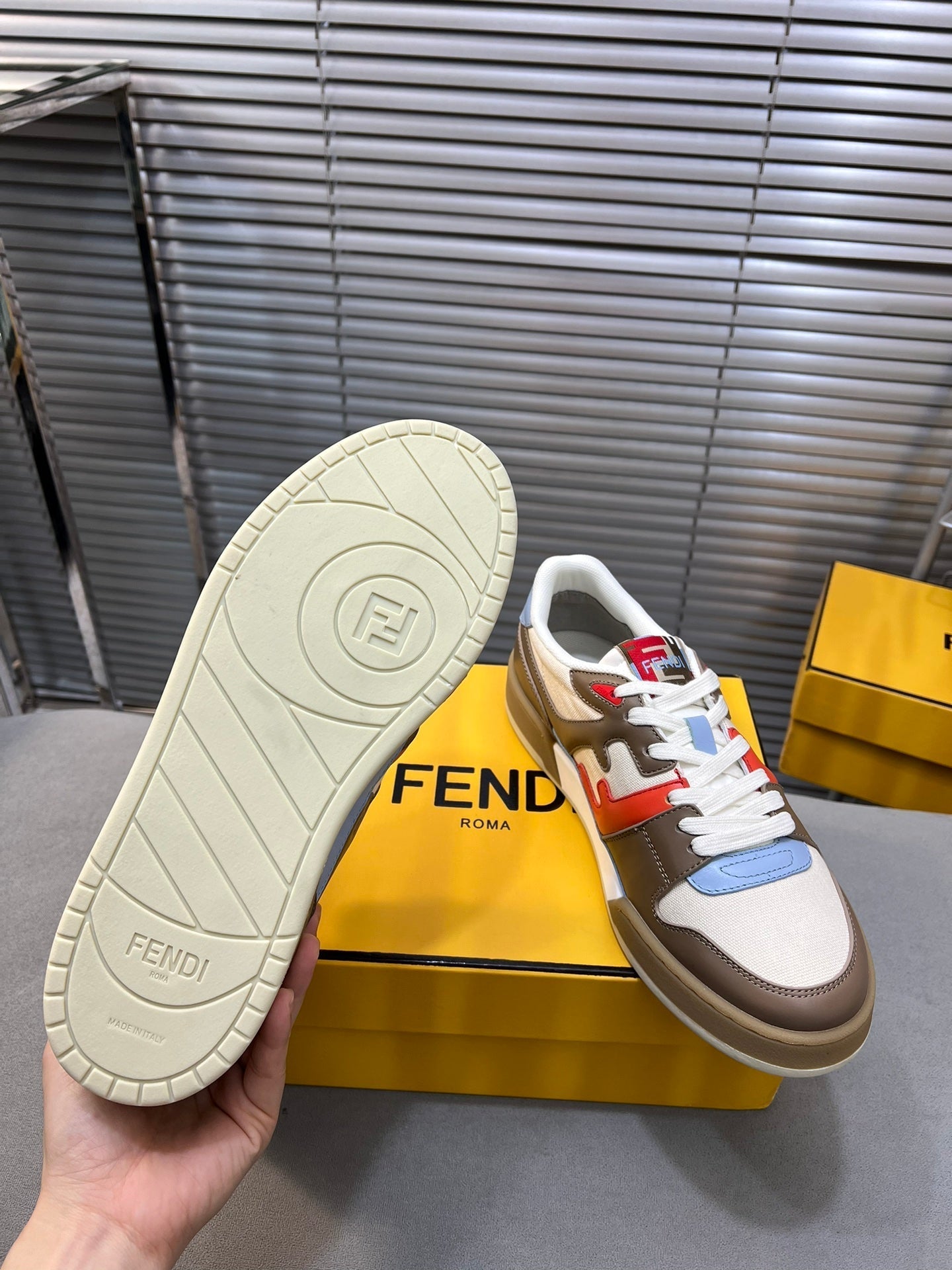 FENDI MATCH LOW TOPS IN COFFEE BROWN MIX WHITE CALFSKIN AND MESH