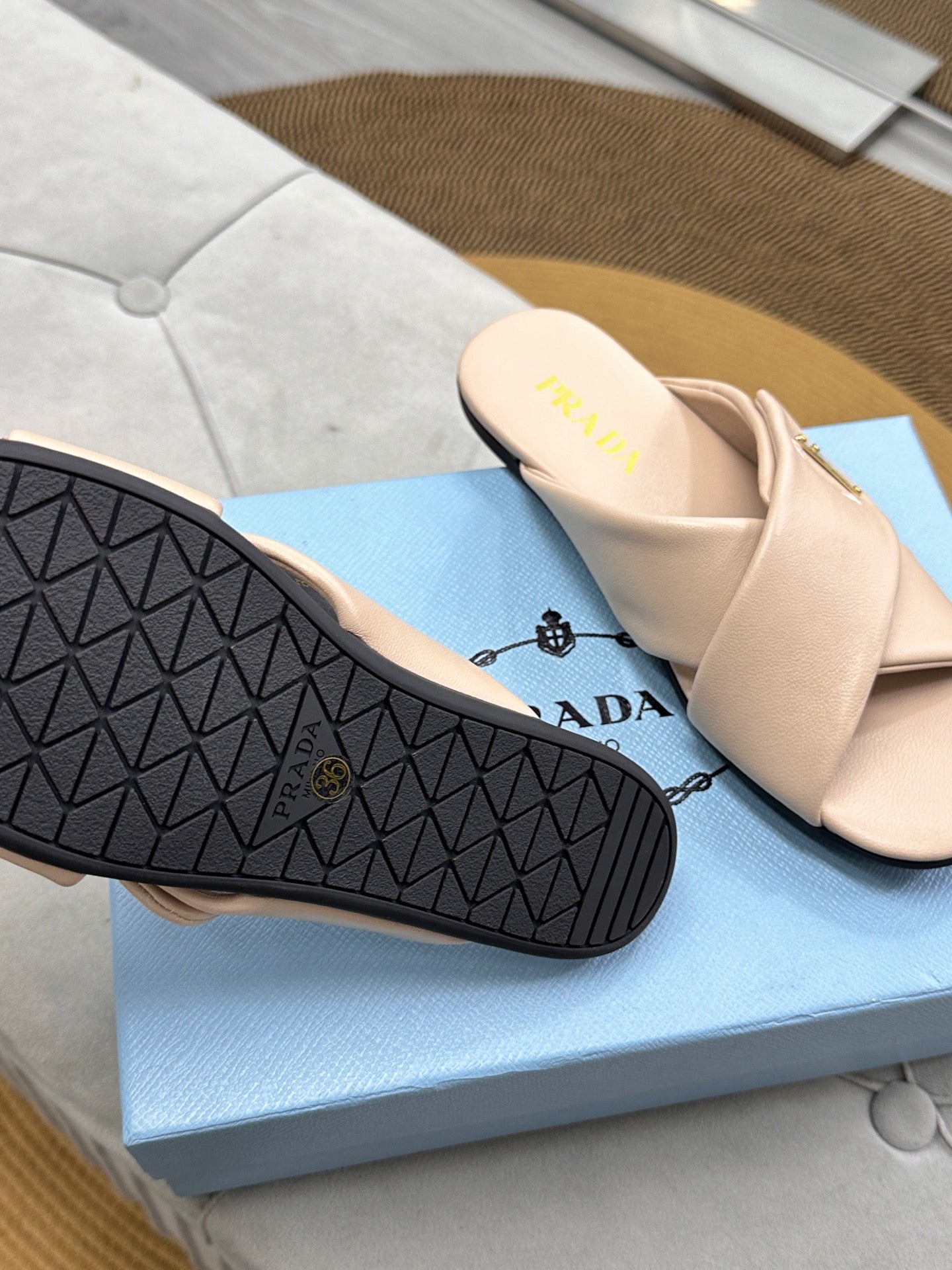PRADA 25S SLIDE SANDALS IN BEIGE CALFSKIN LOGO