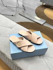 PRADA 25S SLIDE SANDALS IN BEIGE CALFSKIN LOGO