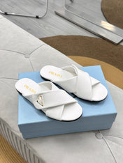 PRADA 25S SLIDE SANDALS IN WHITE CALFSKIN LOGO