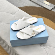 PRADA 25S SLIDE SANDALS IN WHITE CALFSKIN LOGO