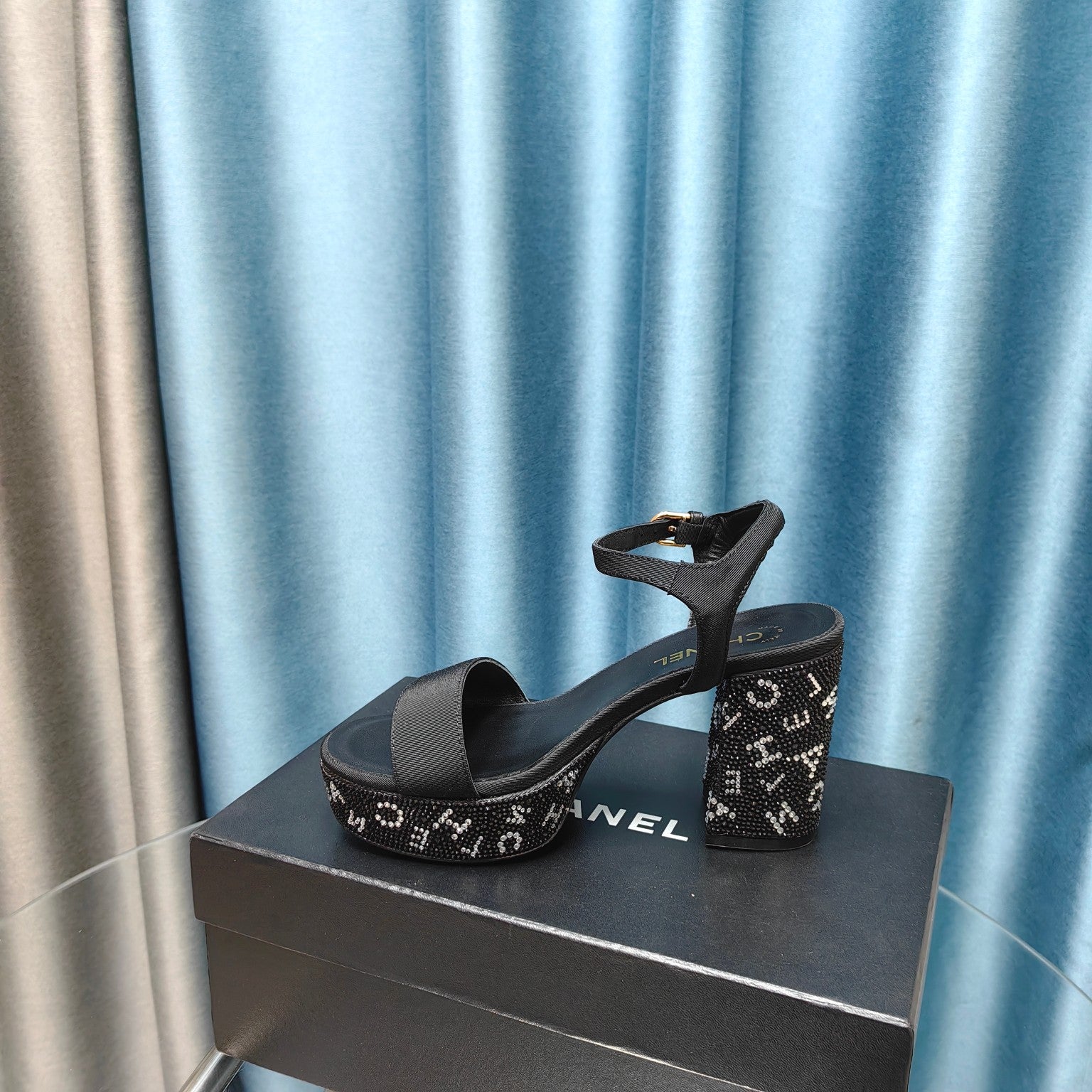 Chunky Heel Rhinestone High Sandals Black Lambskin