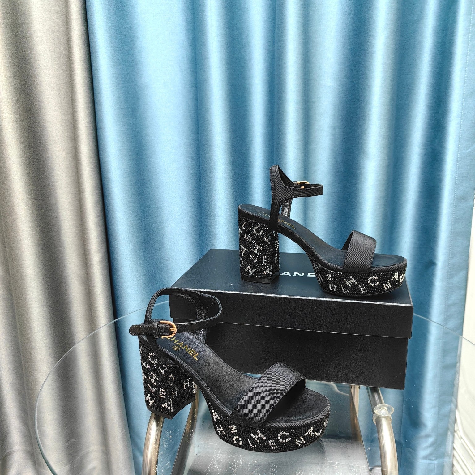 Chunky Heel Rhinestone High Sandals Black Lambskin