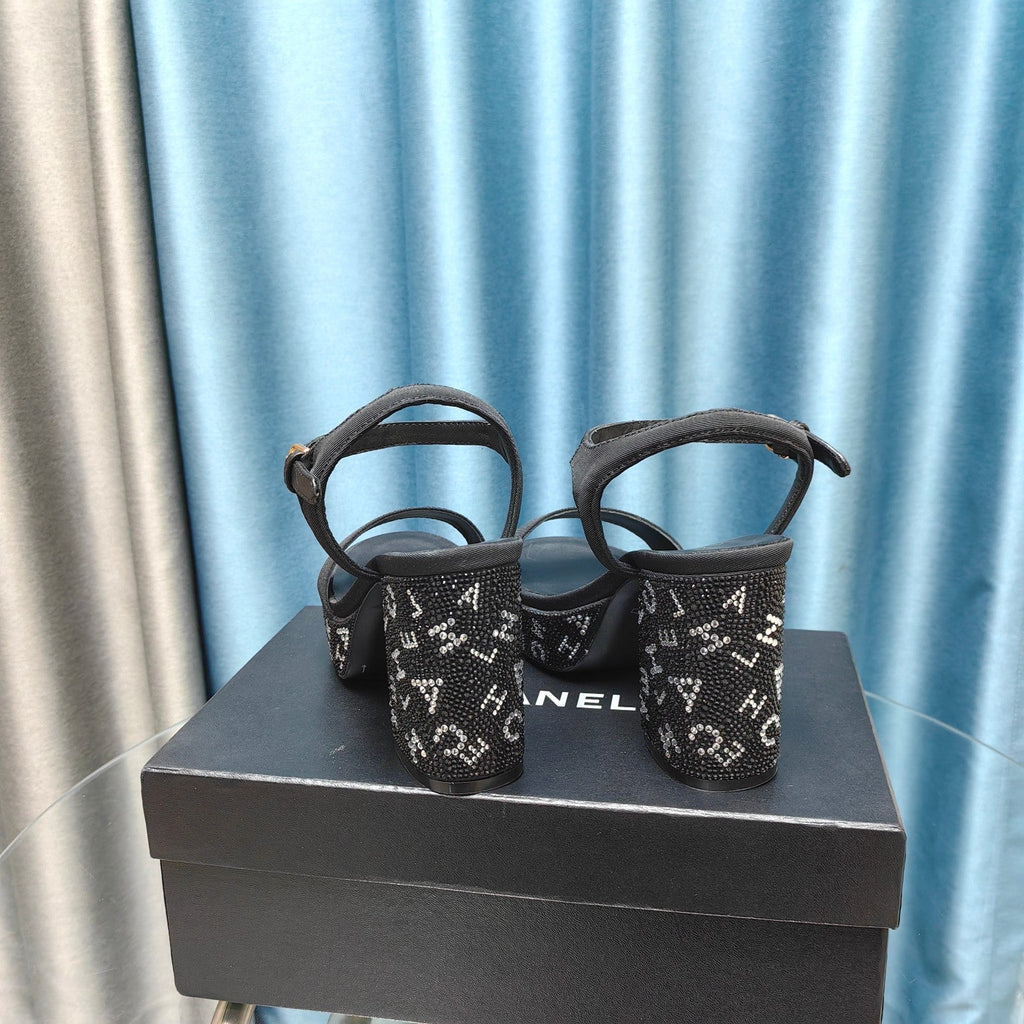 Chunky Heel Rhinestone High Sandals Black Lambskin