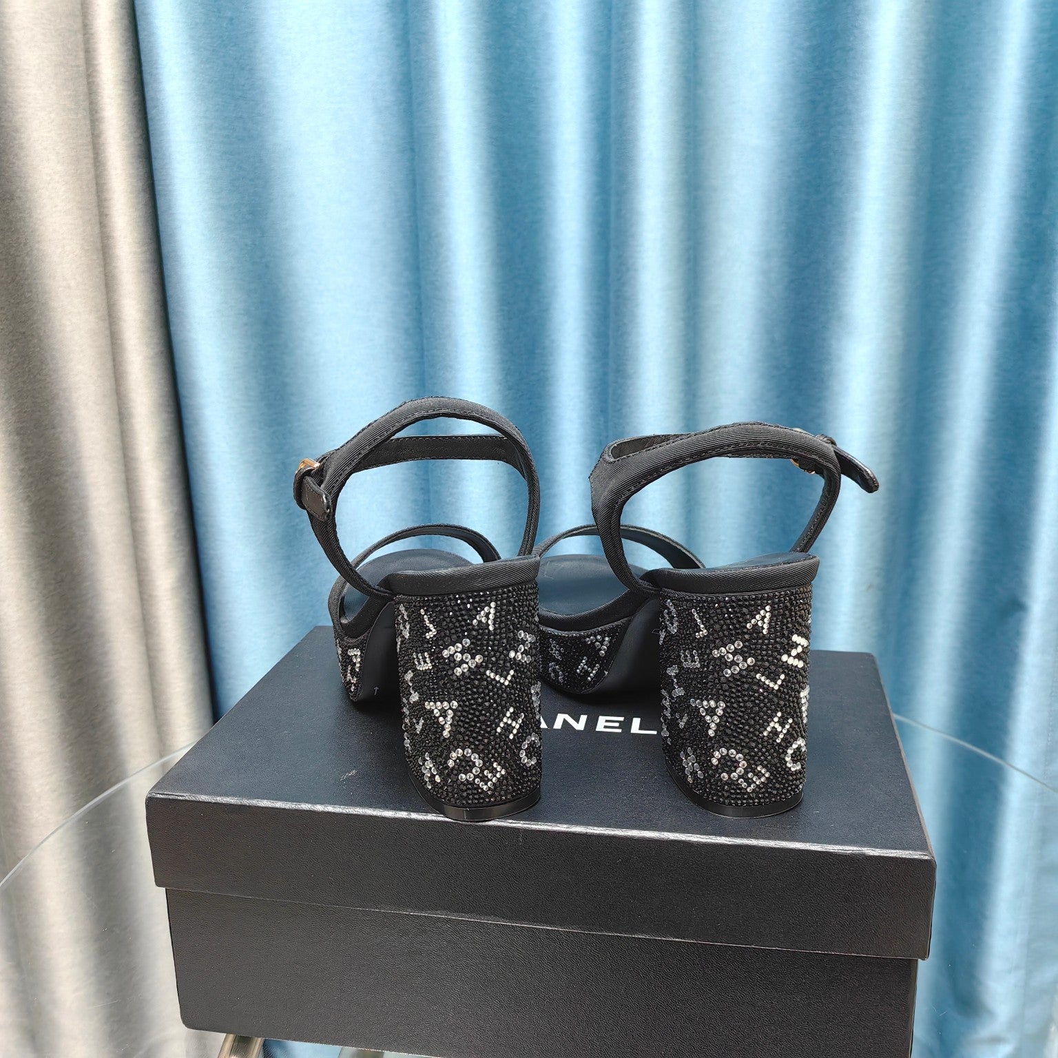 Chunky Heel Rhinestone High Sandals Black Lambskin