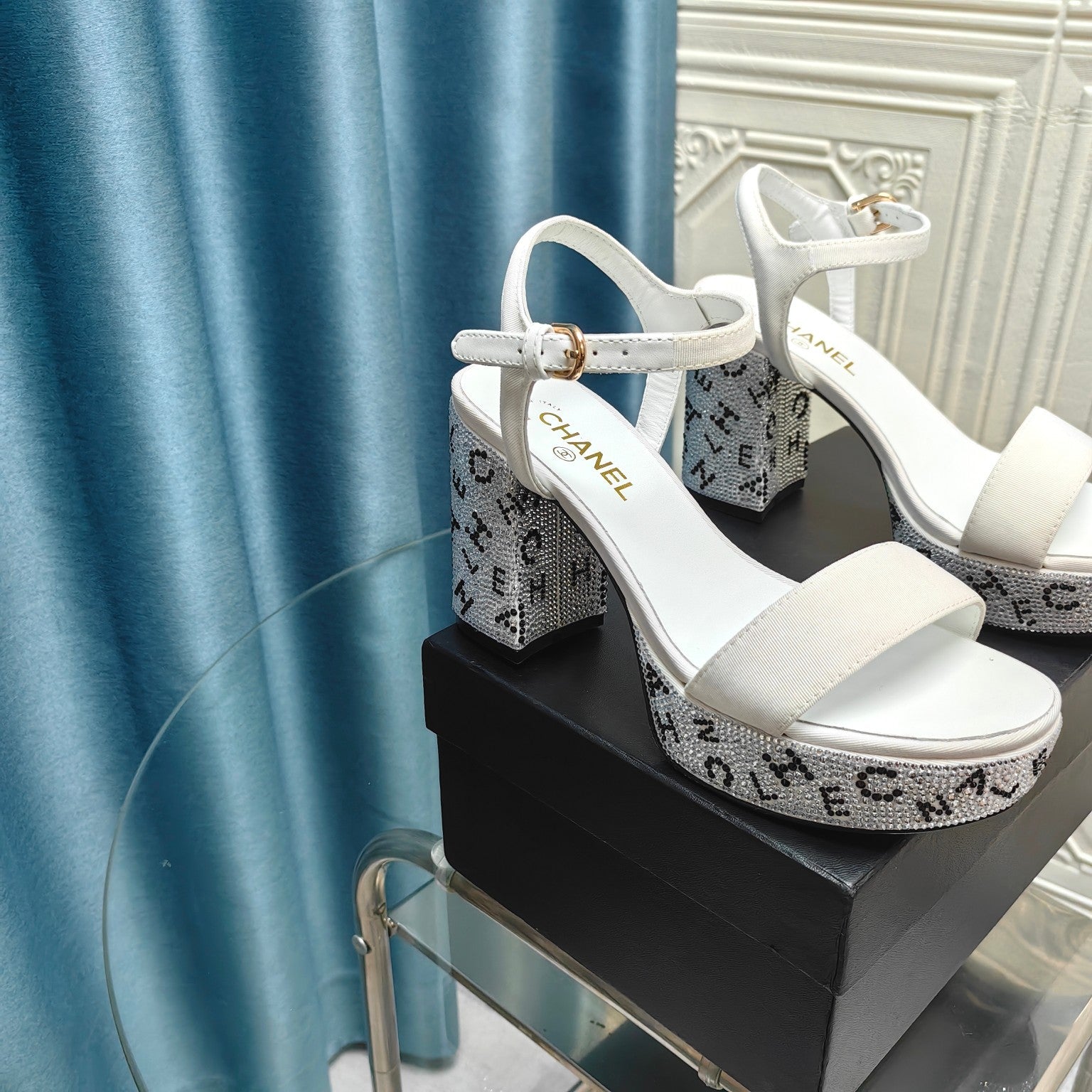 Chunky Heel Rhinestone High Sandals White Lambskin