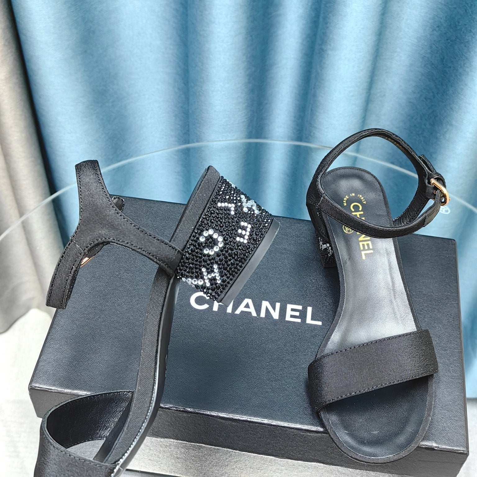 Chunky Heel Rhinestone Sandals Black Lambskin