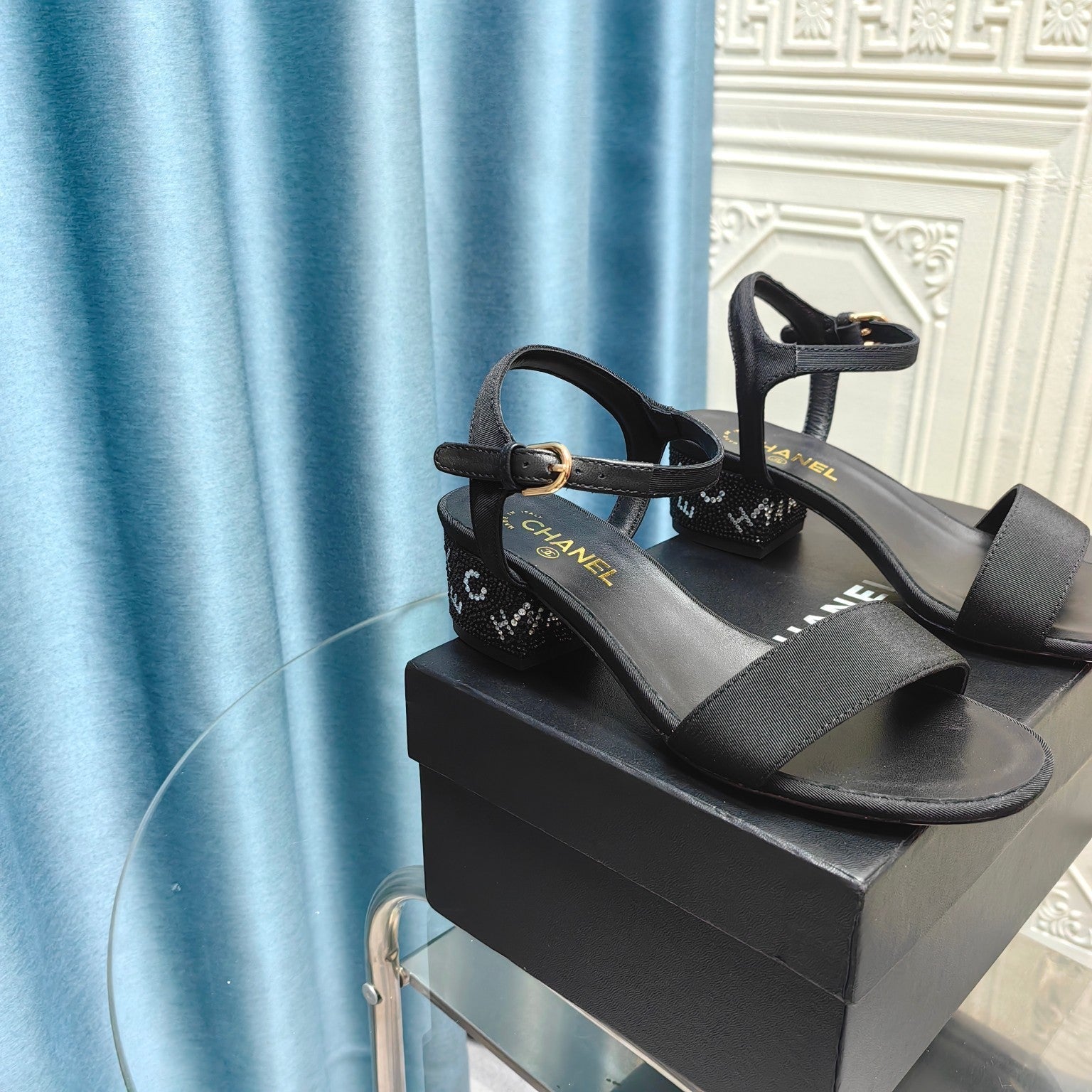 Chunky Heel Rhinestone Sandals Black Lambskin