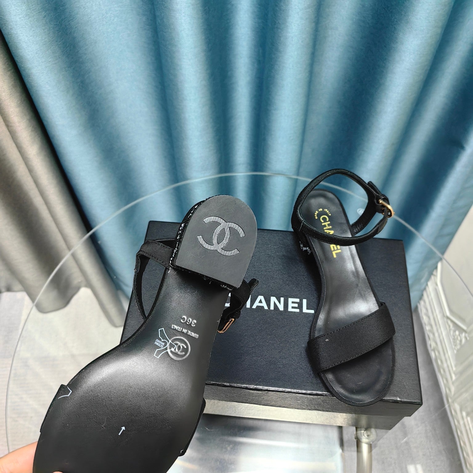 Chunky Heel Rhinestone Sandals Black Lambskin