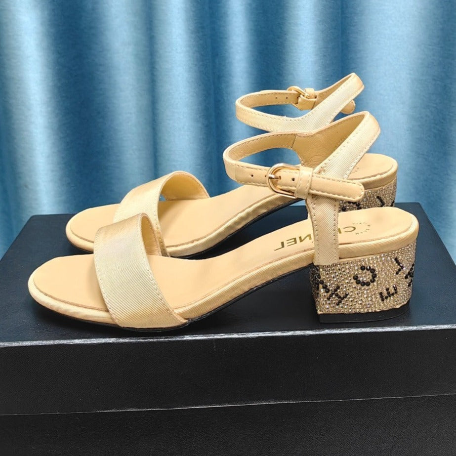 Chunky Heel Rhinestone Sandals Beige Cream Lambskin