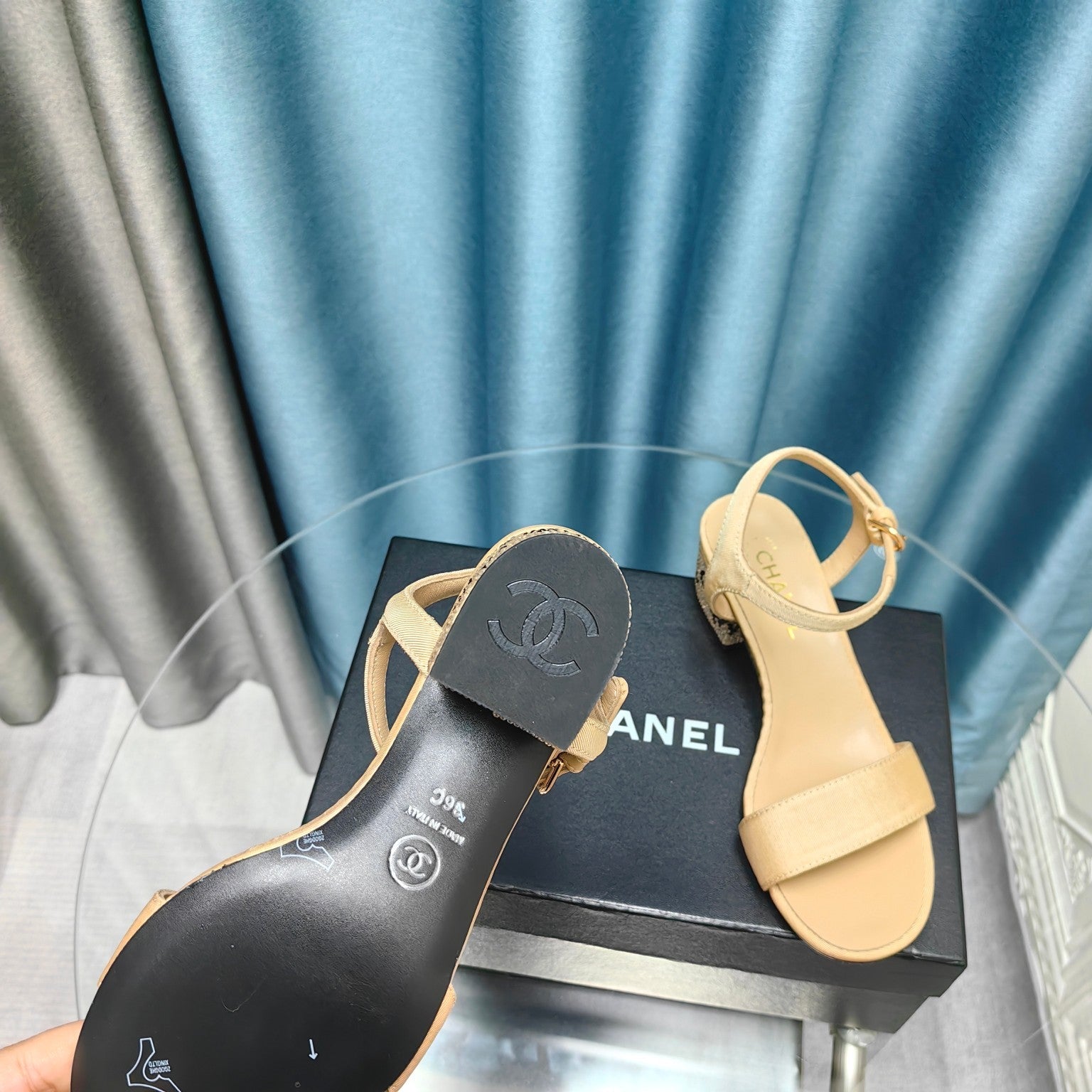 Chunky Heel Rhinestone Sandals Beige Cream Lambskin