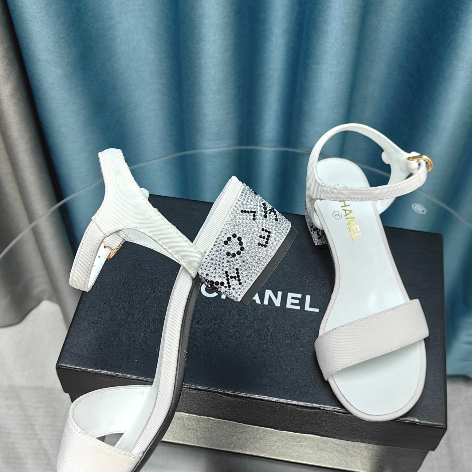 Chunky Heel Rhinestone Sandals White Lambskin