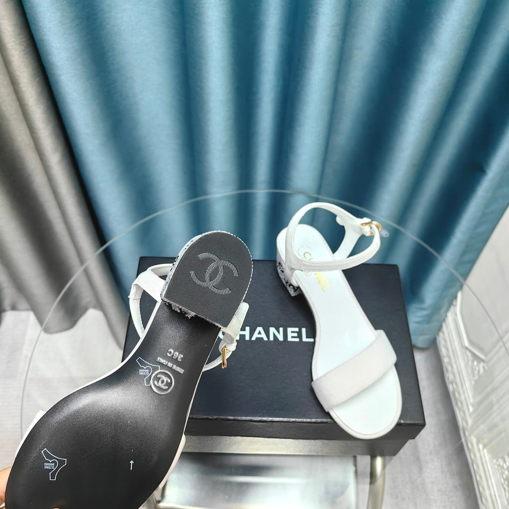 Chunky Heel Rhinestone Sandals White Lambskin