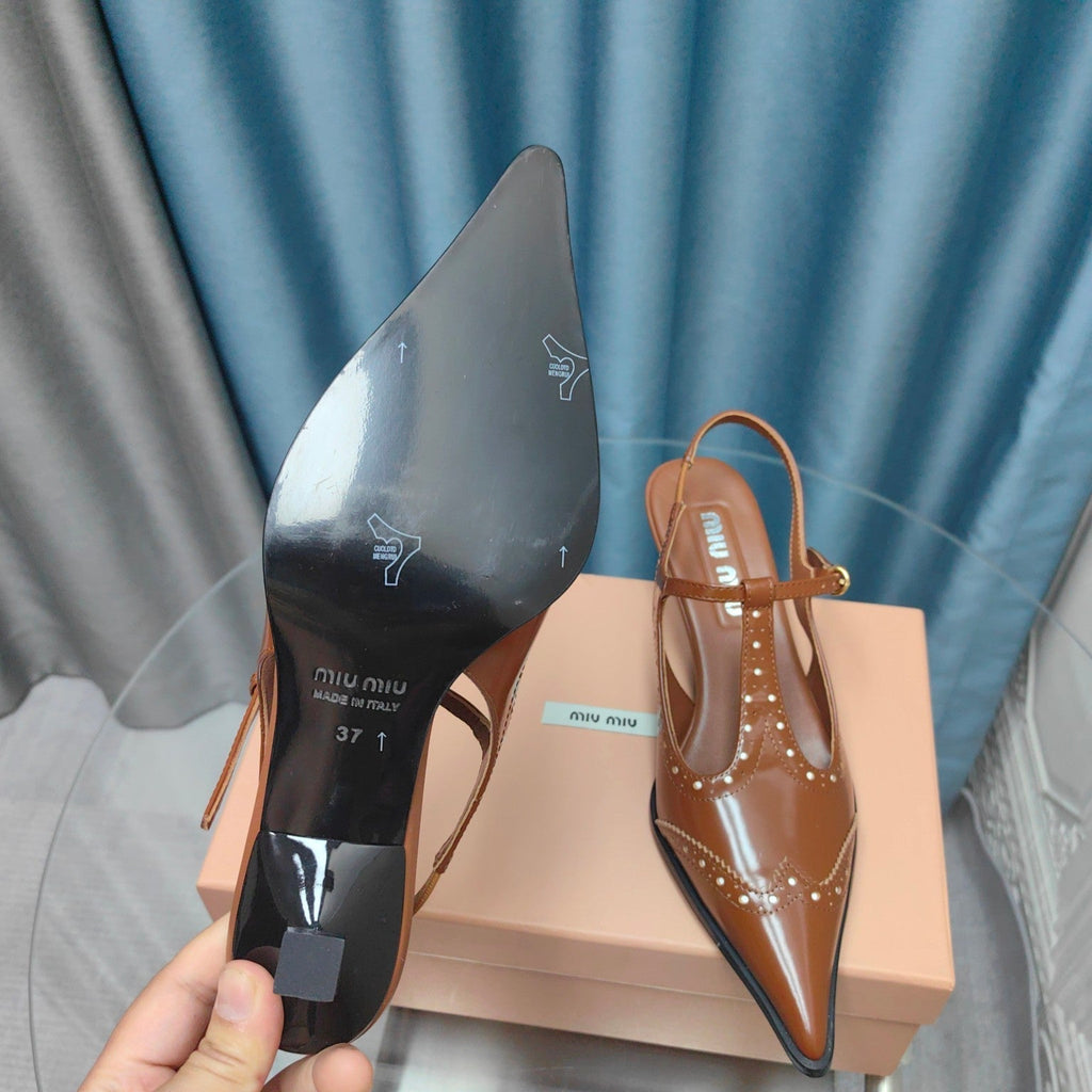 SLINGBACK CARAMEL COLOR LAMBSKIN WITH T- STRAPS