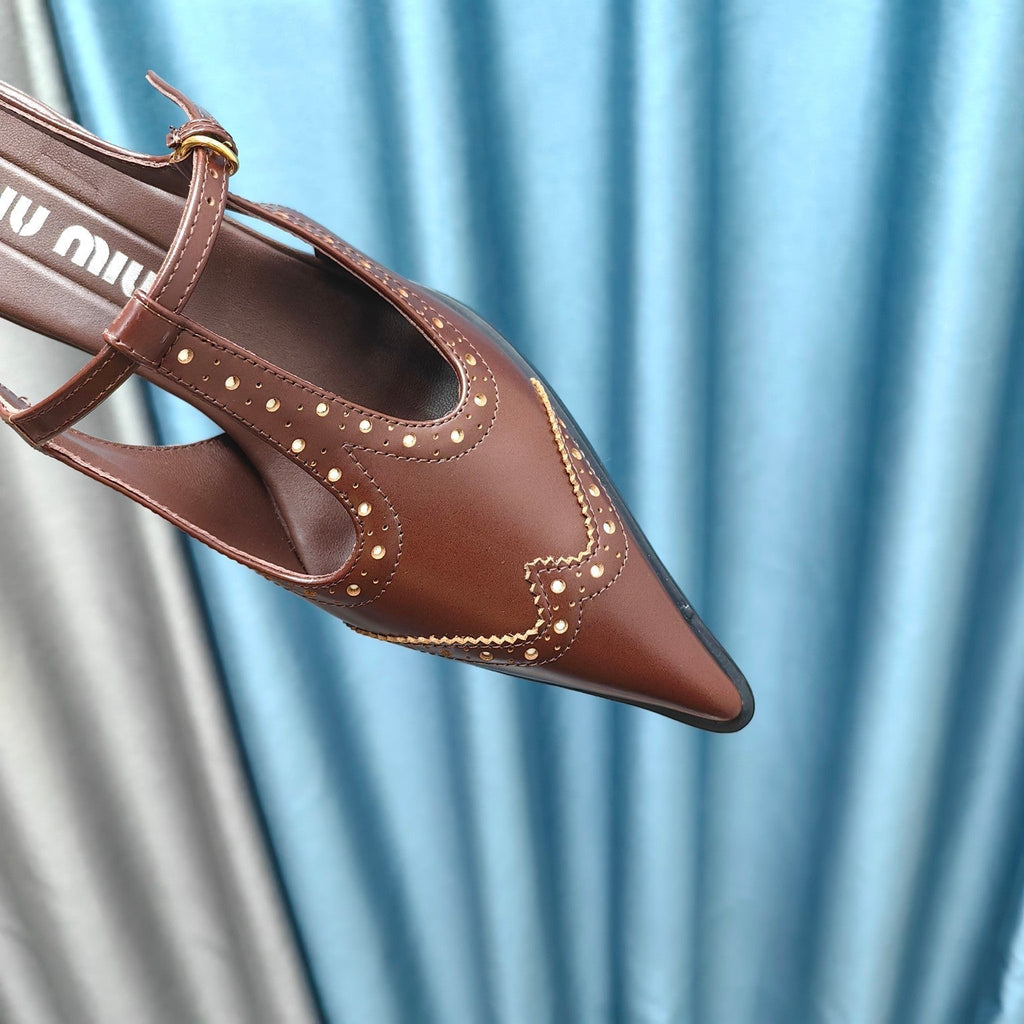 SLINGBACK WALNUT COLOR LAMBSKIN WITH T- STRAPS