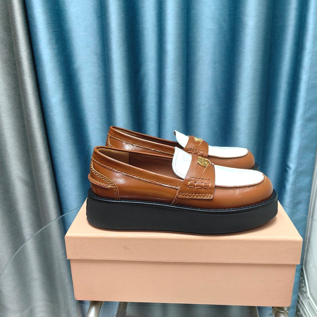 THICK-SOLED LOAFERS SHOES CARAMEL MIX WHITE COWHIDE