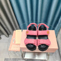 SANDALS BLACK MIX PINK SHEEPSKIN WITH HORIZONTAL STRAPS