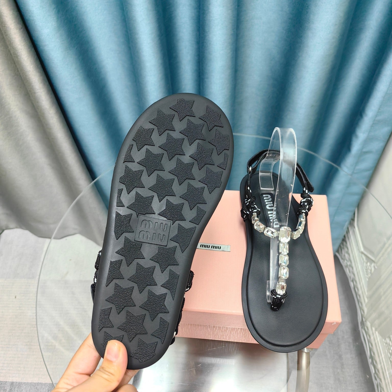 FLIP-FLOPS BLACK COWHIDE WITH CRYSTALS-WHITE