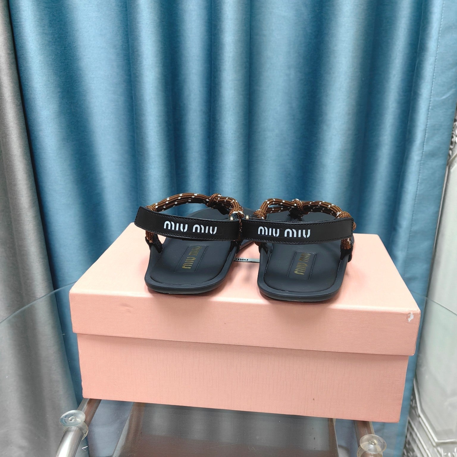 FLIP-FLOPS SANDAL BLACK SHEEPSKIN WITH BROWN STRAP