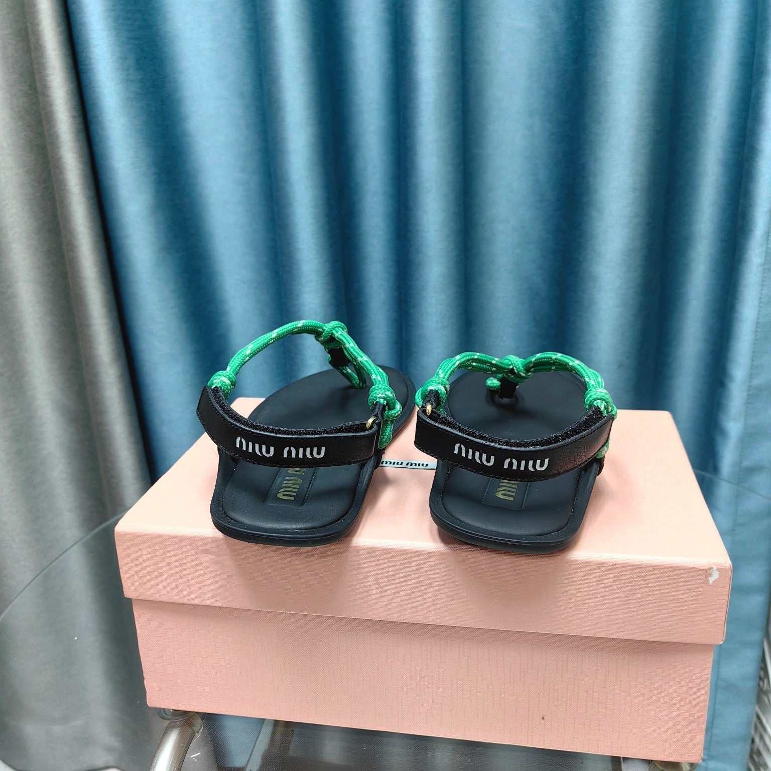 FLIP-FLOPS SANDAL BLACK SHEEPSKIN WITH BRIGHT BLUE STRAP