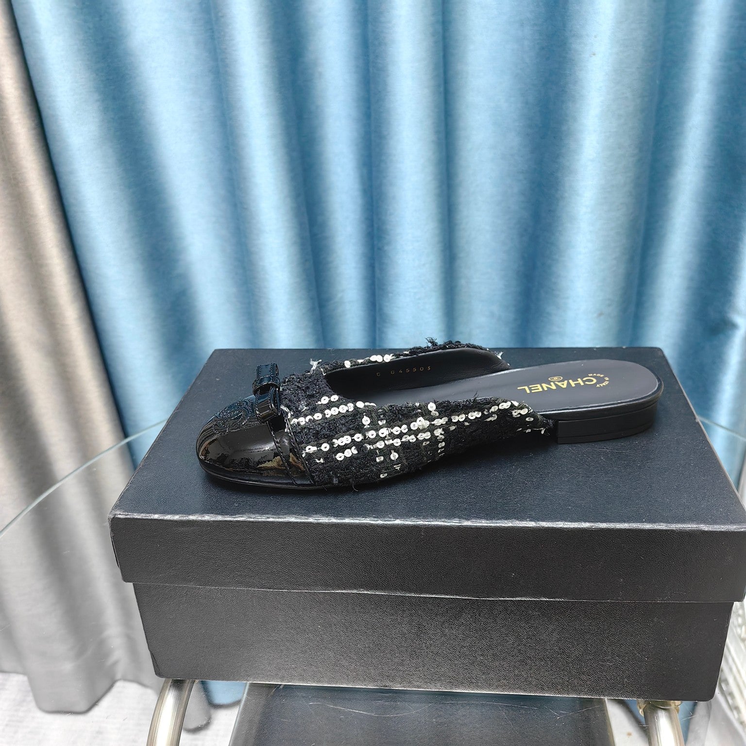 MULE IN BLACK TWEED AND LAMBSKIN