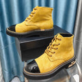 SHORT BOOTS IN GOLD YELLOW SUEDE AND BLACK SHEEPSKIN