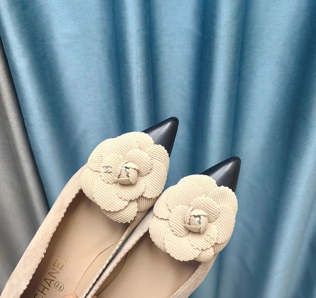 CC BALLET FLAT IN TAN BEIGE SUEDE AND BLACK CALFSKIN WITH FLOWER