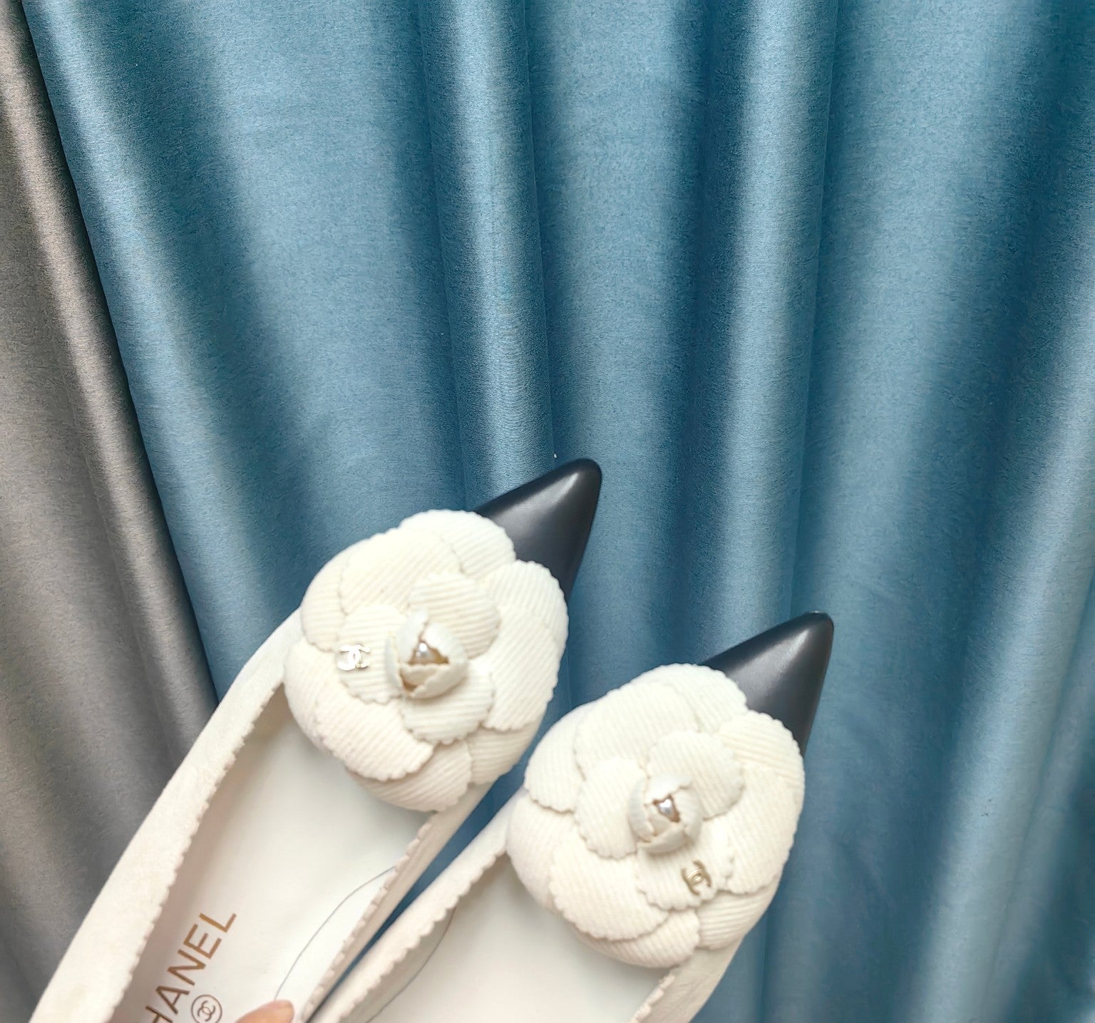 CC BALLET FLAT IN WHITE SUEDE AND BLACK CALFSKIN WITH FLOWER