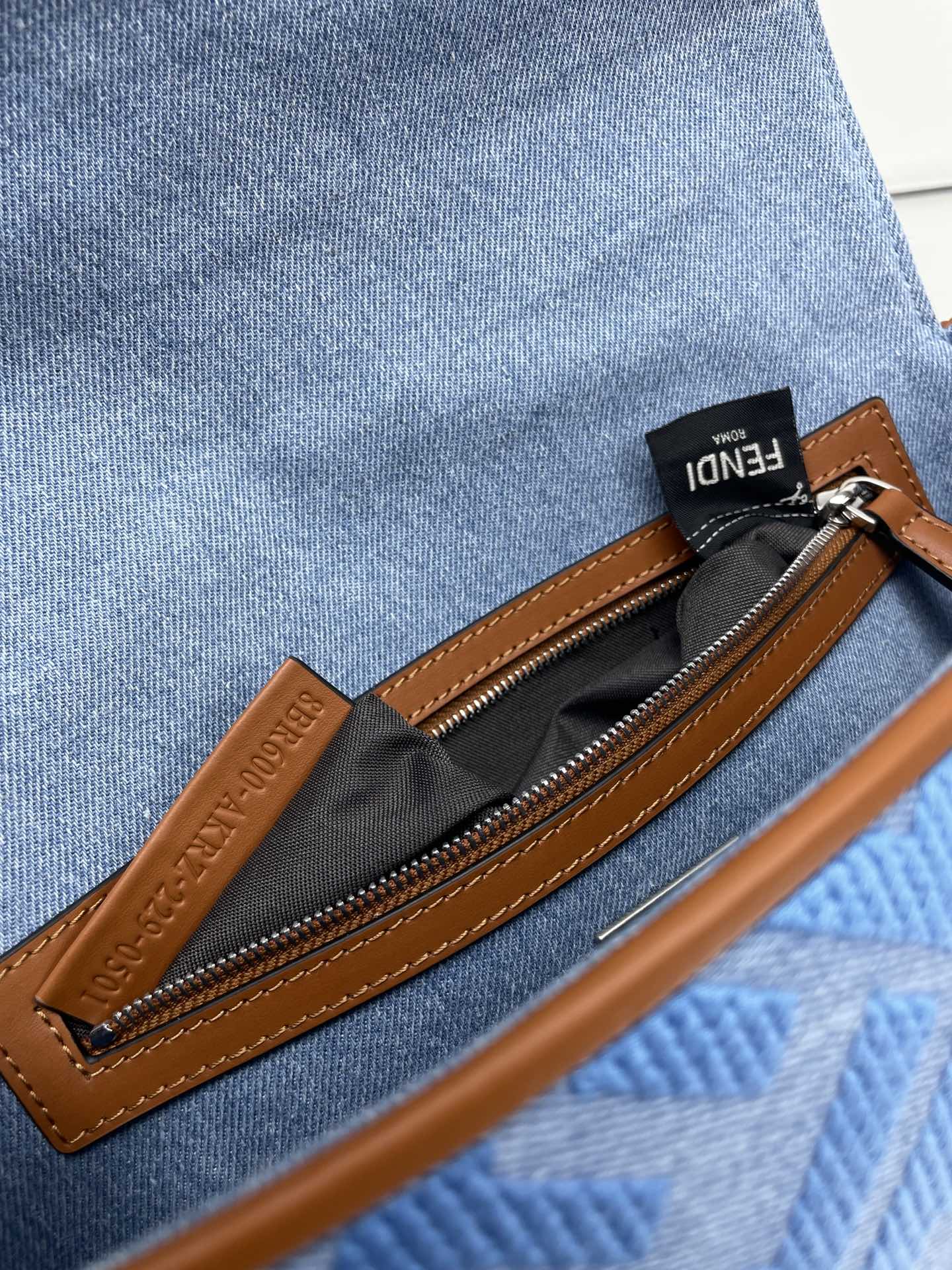 Fend Baguette Blue Brown Canvas Bag 27 with FF Embroidery Ghw