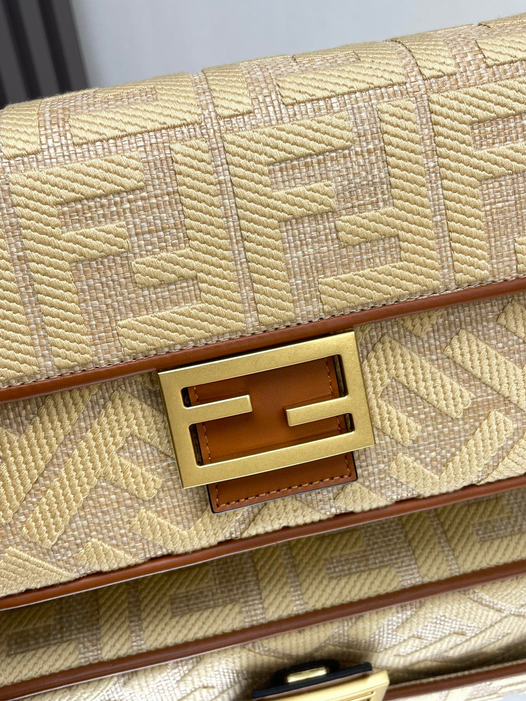 Fend Baguette Gold Tan Canvas Bag 27 with FF Embroidery Ghw