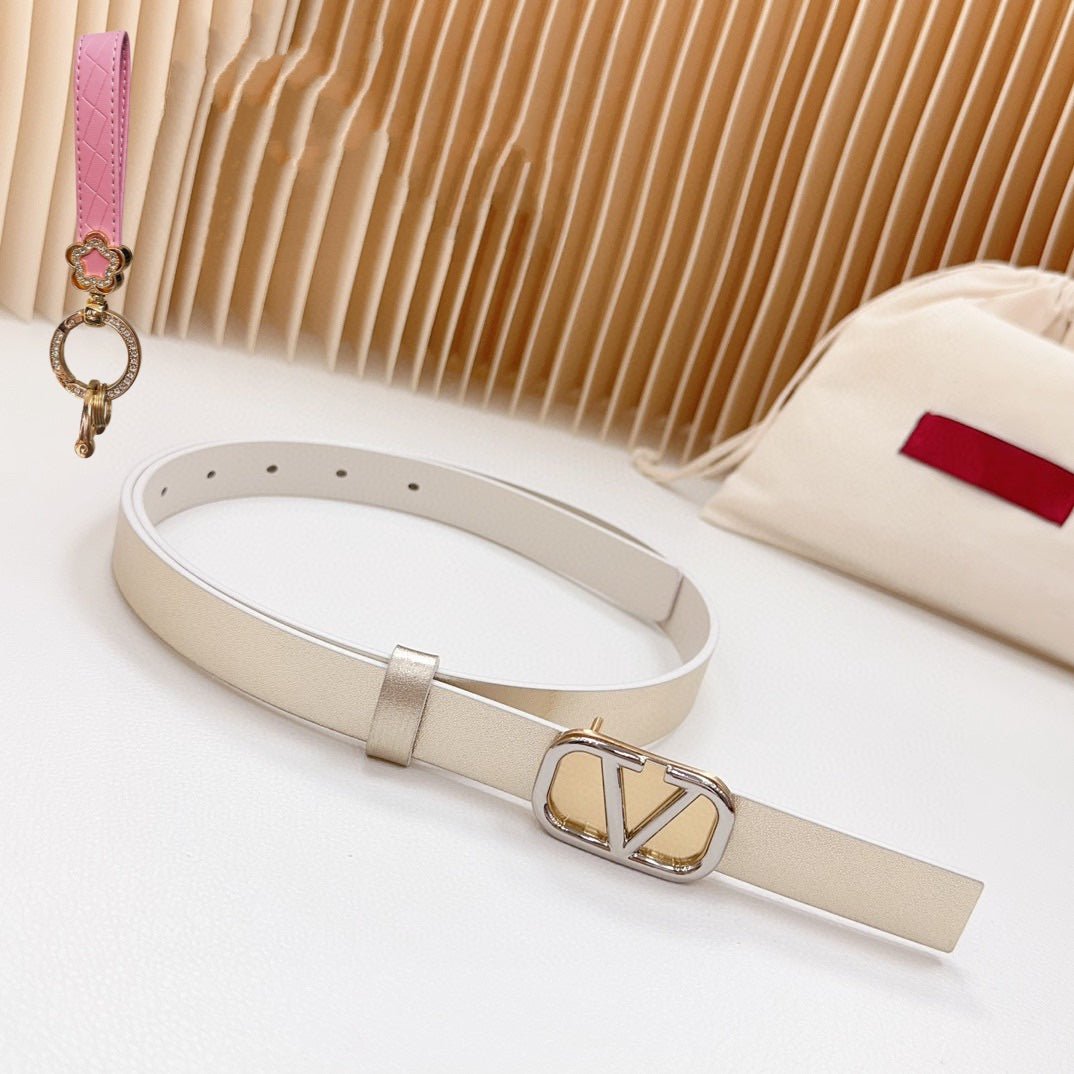 Gold Vlogo and Silver Hardware Buckle Gold White Calfskin 20mm