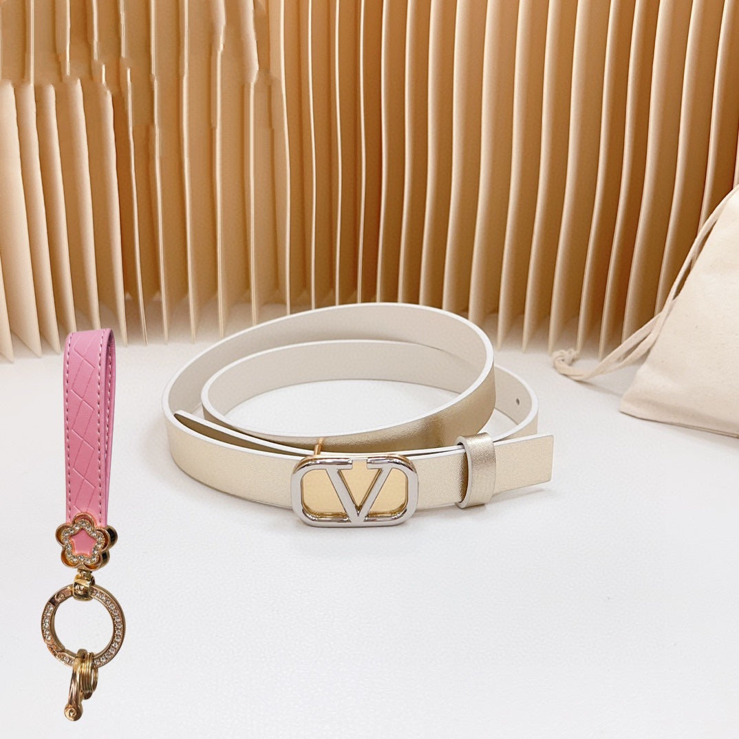 Gold Vlogo and Silver Hardware Buckle Gold White Calfskin 20mm