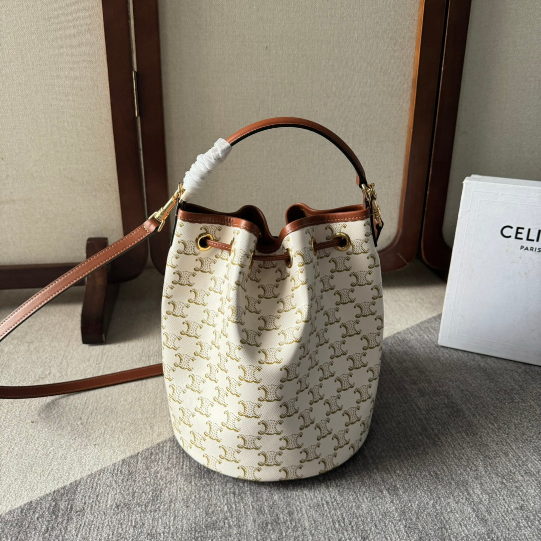 CLARA BAG 24 IN WHITE TRIOMPHE CANVAS AND BROWN CALFSKIN TRIM