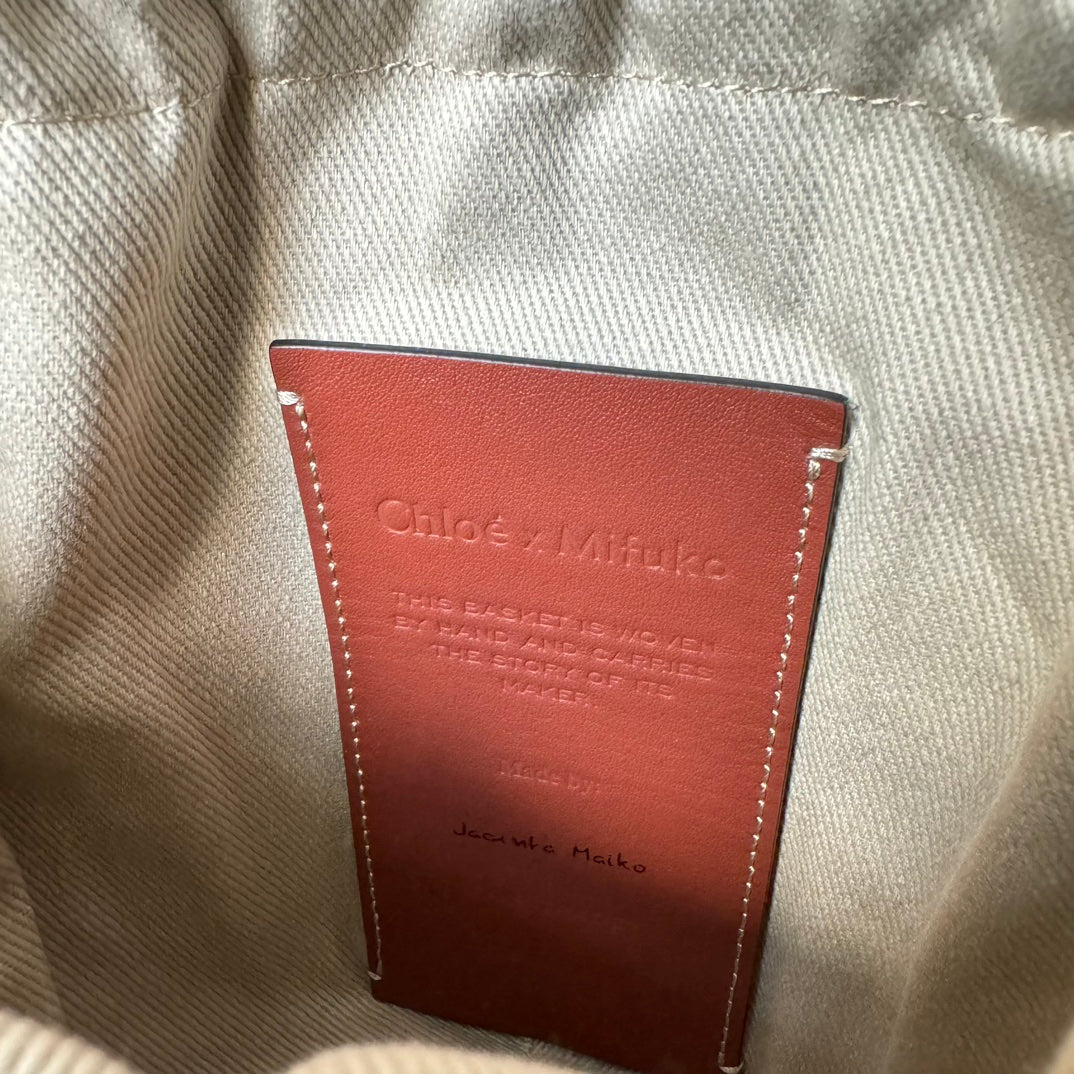 SMALL WOODY BASKET 17 IN NATURAL FIBERS BLACK WEBBING BROWN CALFSKIN