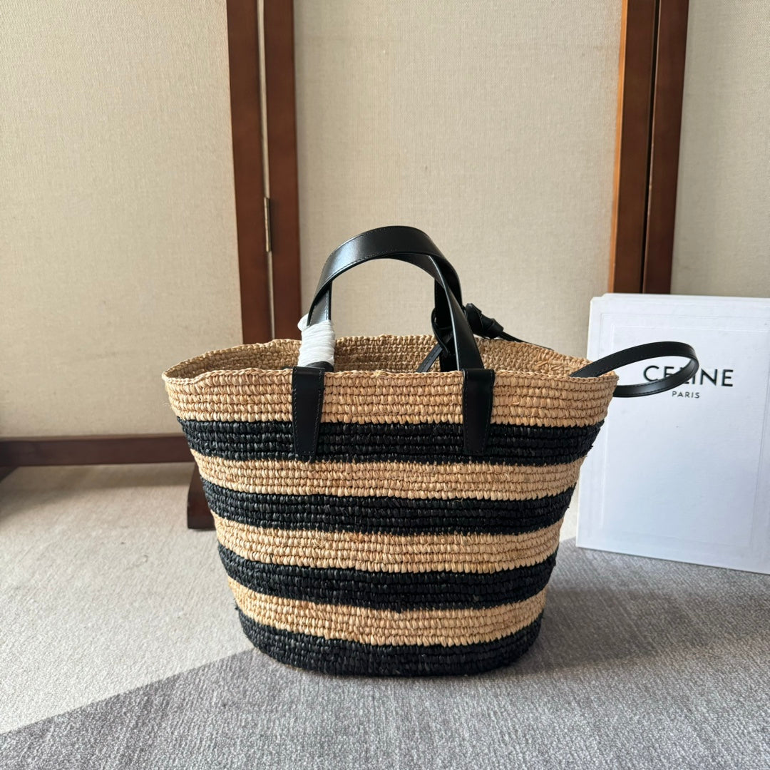 STRIPED COUFFIN CLASSIC PANIER 22 IN BEIGE AND BLACK RAFFIA AND CALFSKIN TRIM