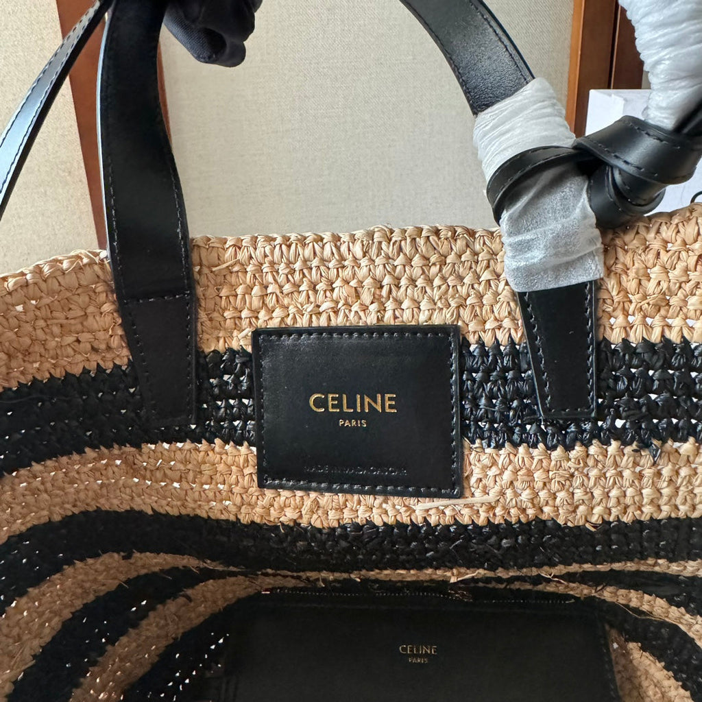 STRIPED COUFFIN CLASSIC PANIER 22 IN BEIGE AND BLACK RAFFIA AND CALFSKIN TRIM