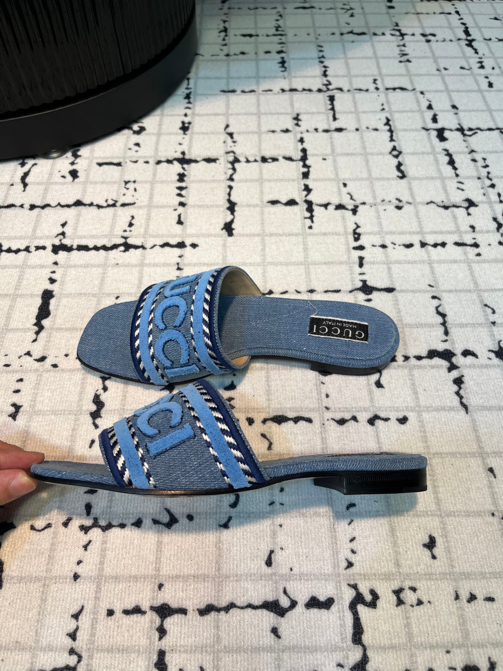 GG SLIDE SANDAL WITH GUCCI SCRIPT TEAL DENIM