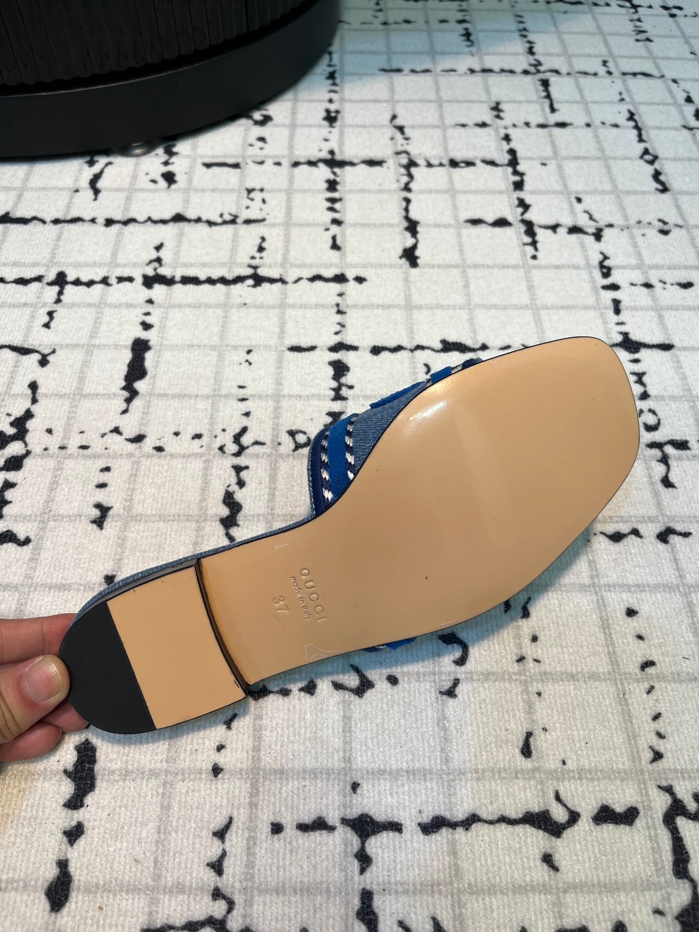 GG SLIDE SANDAL WITH GUCCI SCRIPT STONE DENIM