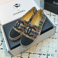 ESPADRILLES LOAFERS IN MULTICOLOR TWEED AND BLACK SATIN