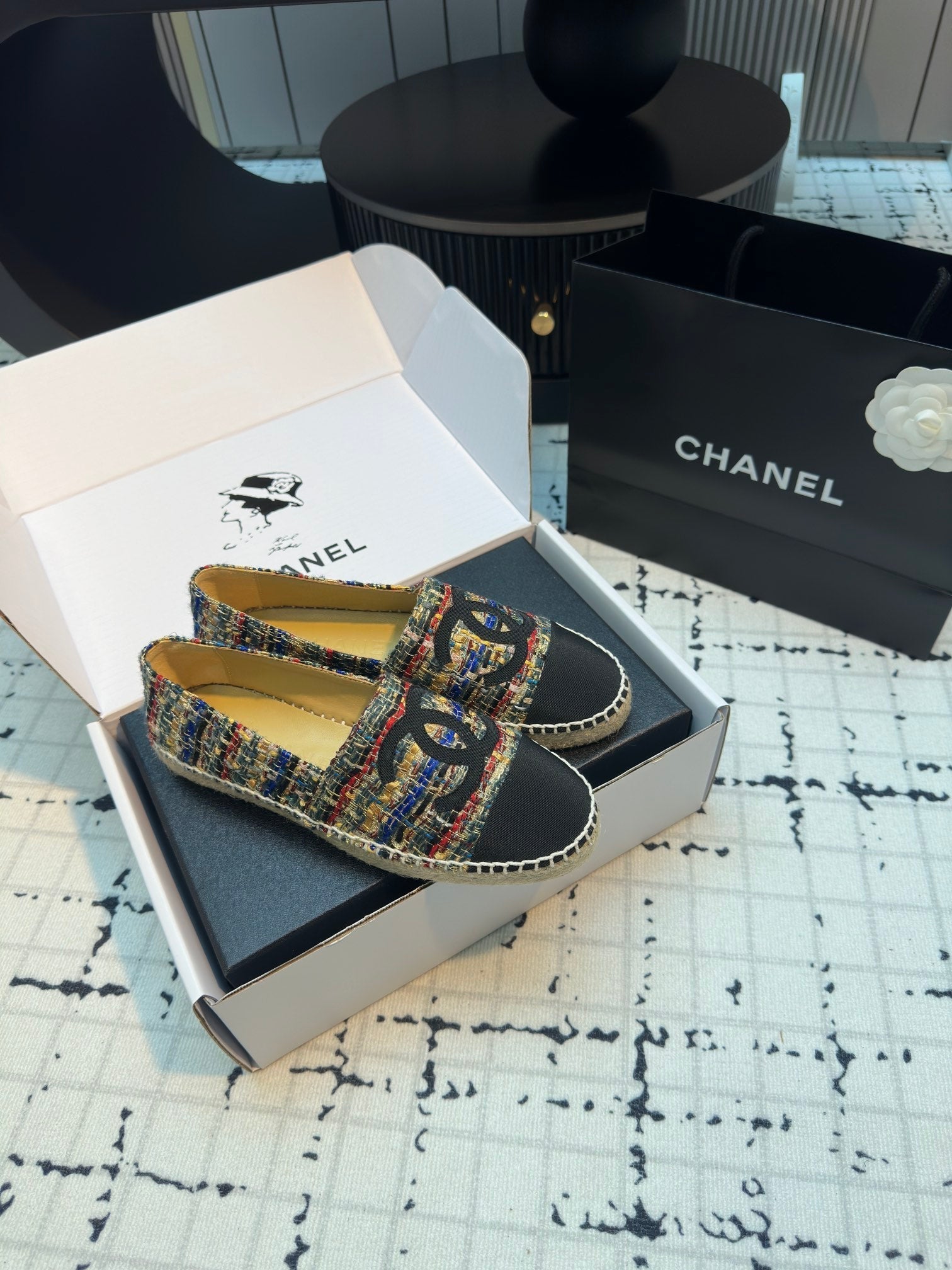 ESPADRILLES LOAFERS IN MULTICOLOR TWEED AND BLACK SATIN