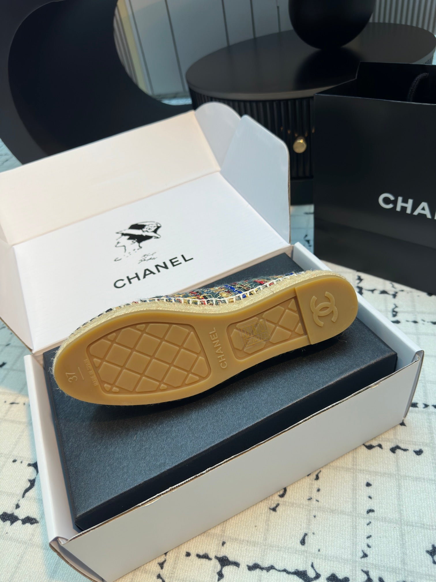 ESPADRILLES LOAFERS IN MULTICOLOR TWEED AND BLACK SATIN