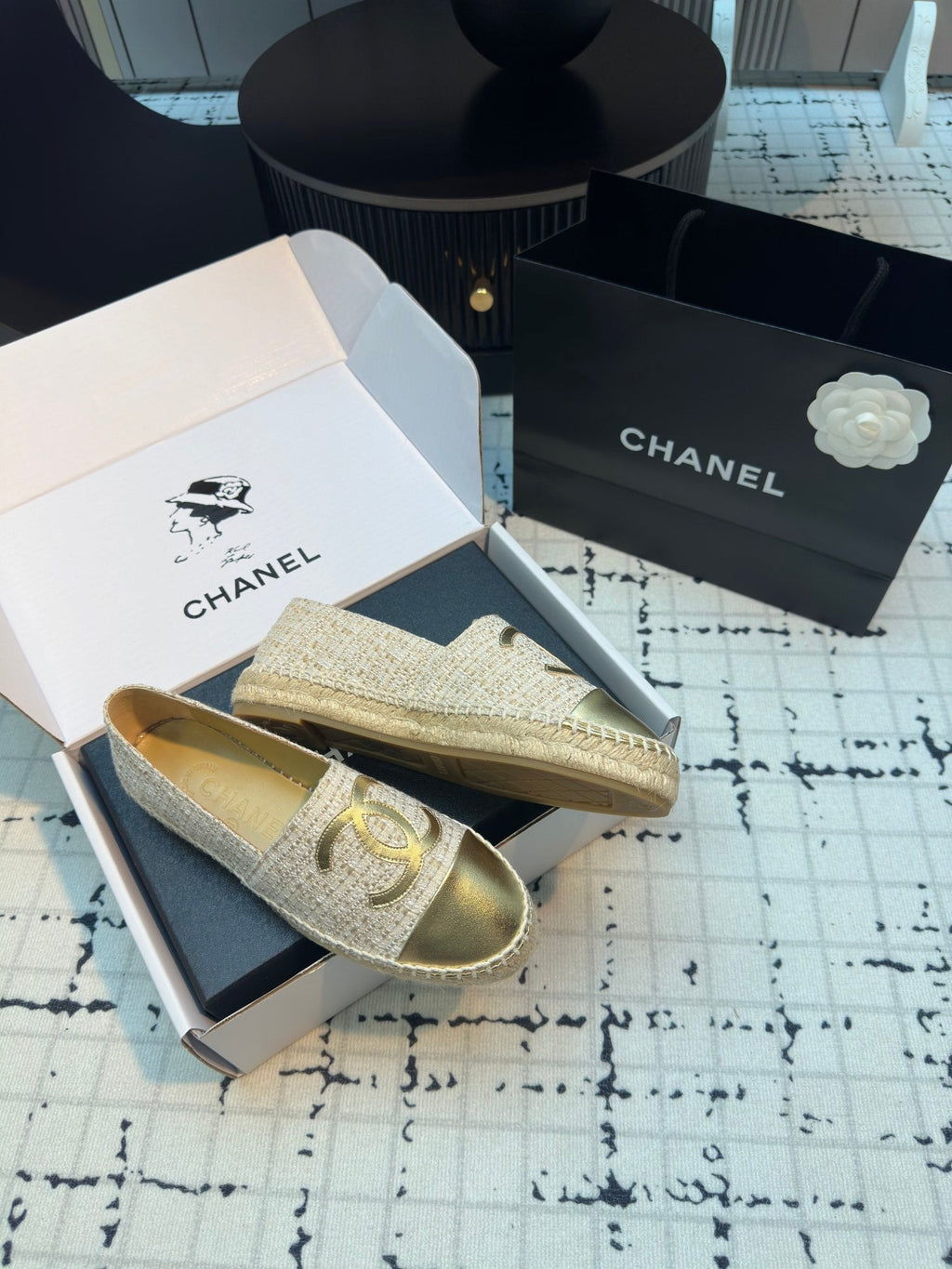 ESPADRILLES LOAFERS IN BEIGE TWEED AND GOLDEN LAMBSKIN