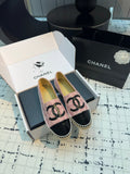 ESPADRILLES LOAFERS IN LIGHT PINK TWEED AND BLACK LAMBSKIN