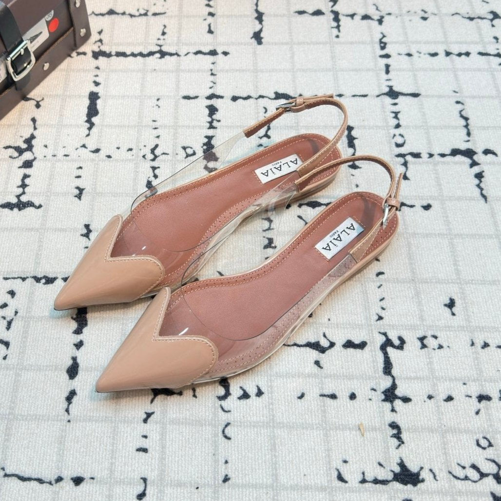 ALAIA FLAT SLINGBACK IN BEIGE BISQUE PATENT CALFSKIN AND FILM