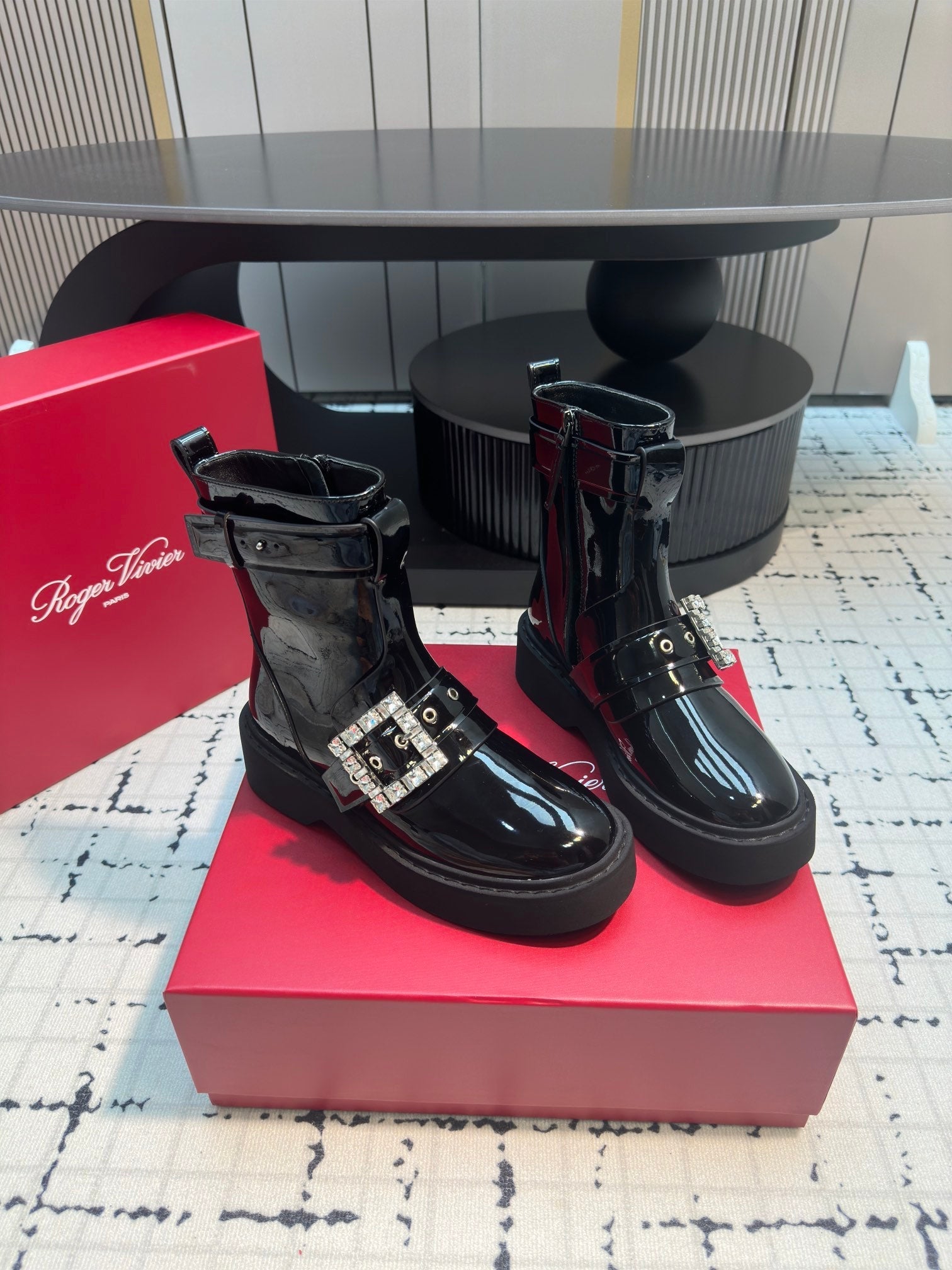 VIV' RANGERS BIKER BOOTIES IN BLACK PATENT CALFSKIN WITH METAL BUCKLE