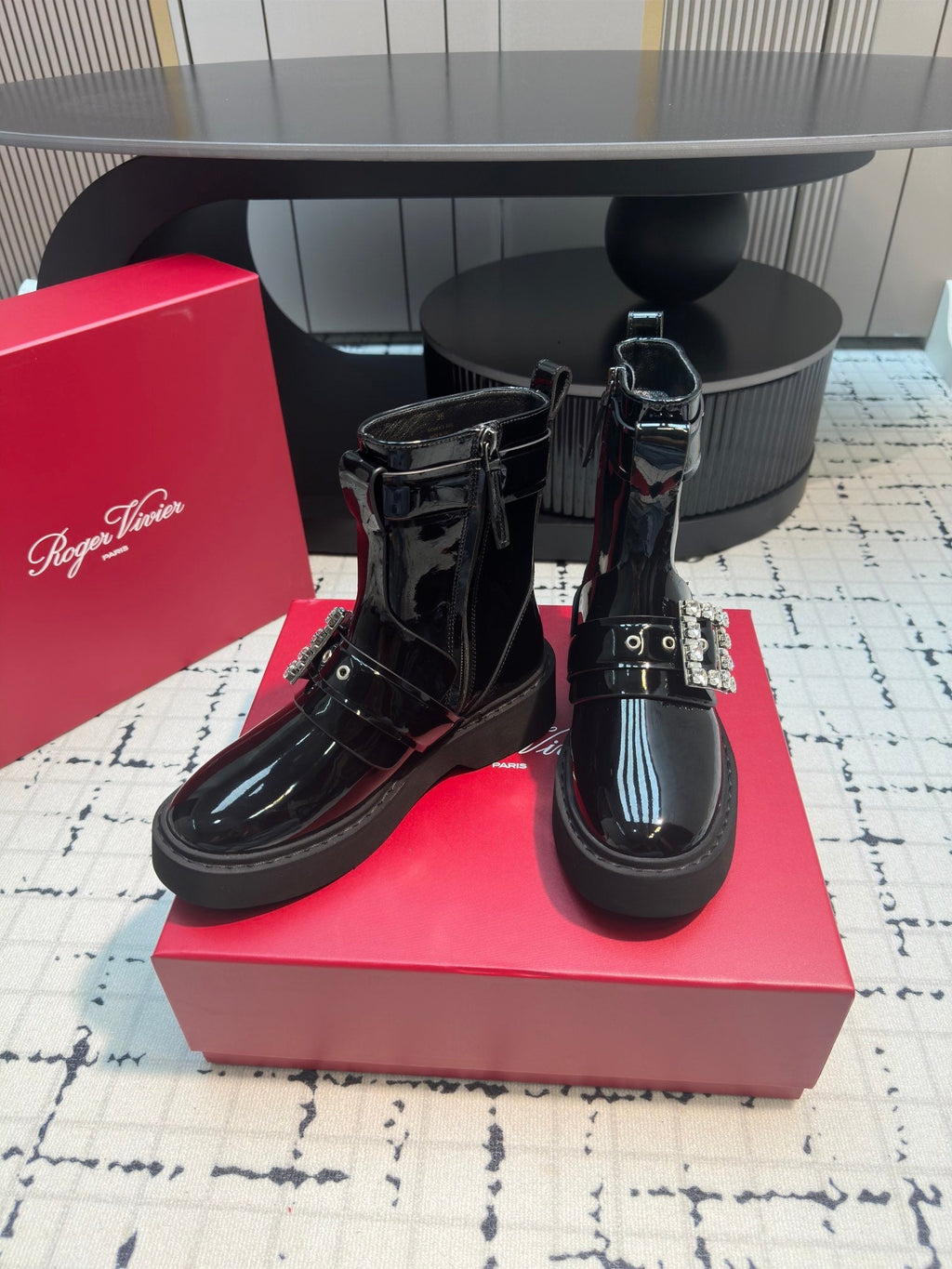 VIV' RANGERS BIKER BOOTIES IN BLACK PATENT CALFSKIN WITH METAL BUCKLE