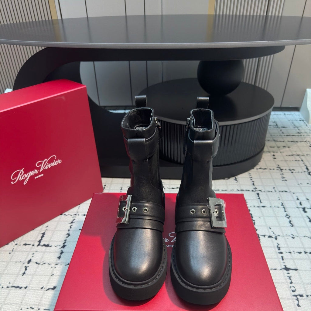 VIV' RANGERS BIKER BOOTIES IN BLACK CALFSKIN WITH METAL BUCKLE
