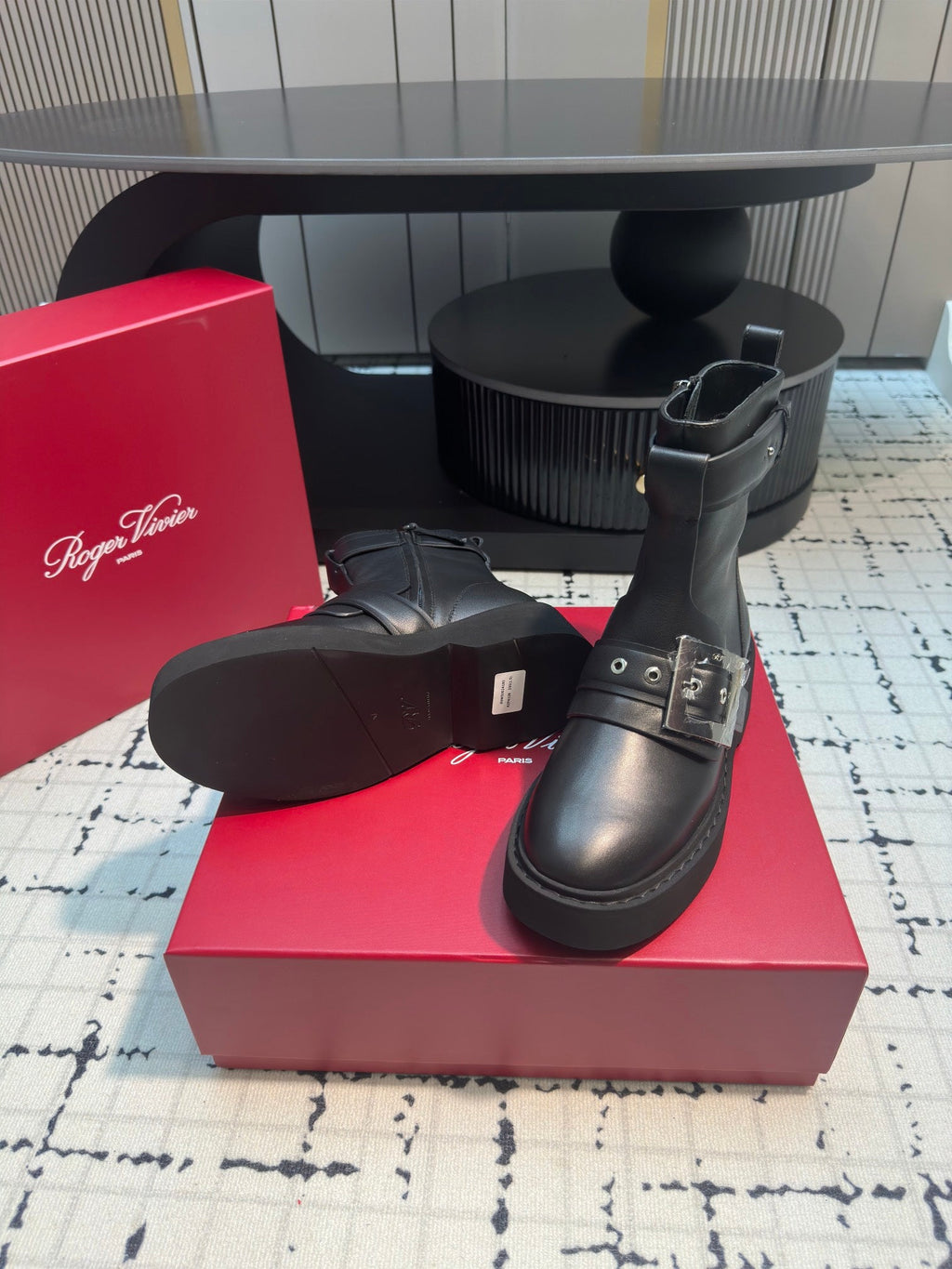 VIV' RANGERS BIKER BOOTIES IN BLACK CALFSKIN WITH METAL BUCKLE