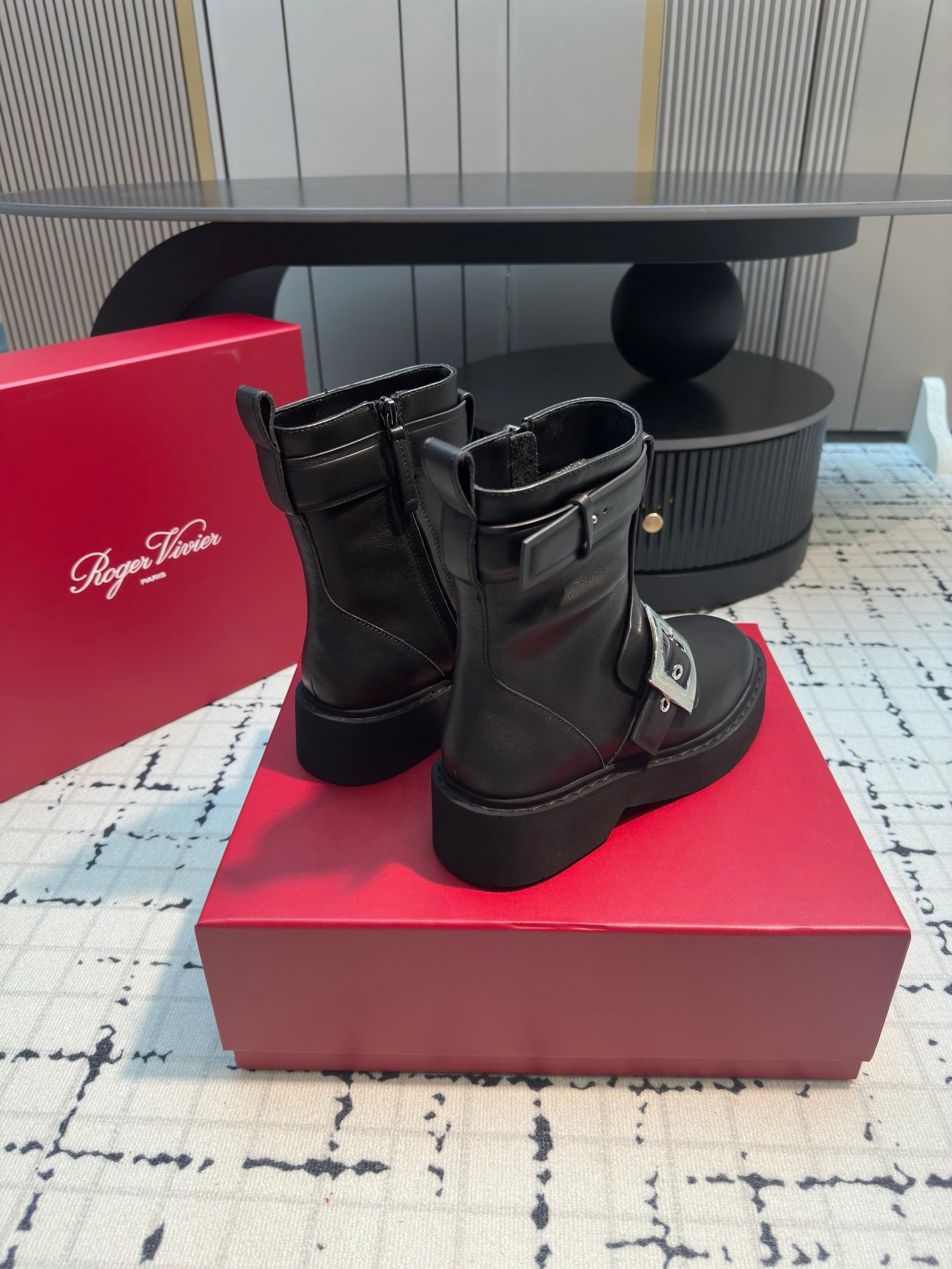 VIV' RANGERS BIKER BOOTIES IN BLACK CALFSKIN WITH METAL BUCKLE